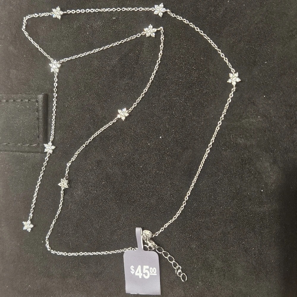 925 Sterling Silver CZ Flower Lariat Chain Dainty Necklace - Picture 2 of 5